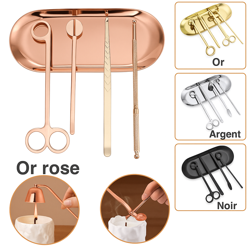 Kit 3/4 Pièces Outils pour Bougies – Coupe-mèche, Éteignoir, Crochet et Plateau