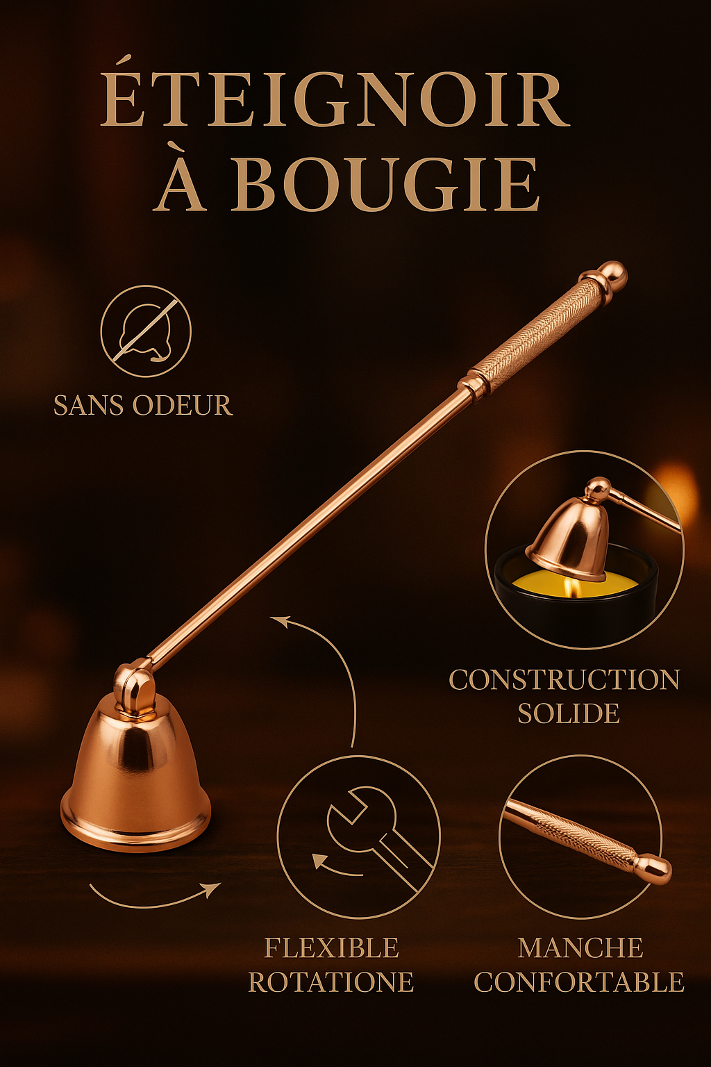 Kit 3/4 Pièces Outils pour Bougies – Coupe-mèche, Éteignoir, Crochet et Plateau