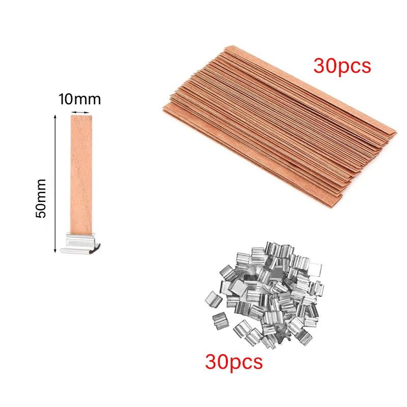 Lot de 30/50 Mèches en Bois avec Support Métallique – Mèches Sans Fumée pour Bougies DIY