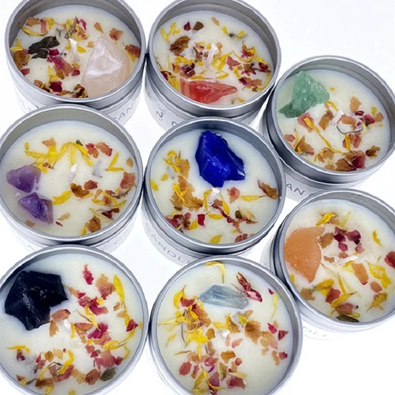 Bougie parfumée en cire de soja - pierre de cristal et fleurs séchées