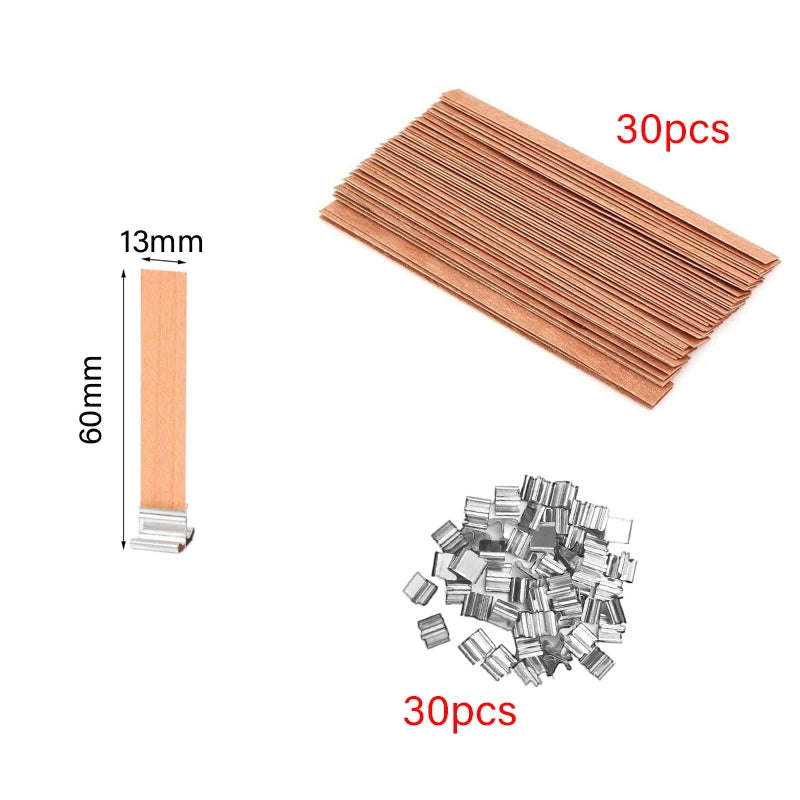 Lot de 30/50 Mèches en Bois avec Support Métallique – Mèches Sans Fumée pour Bougies DIY