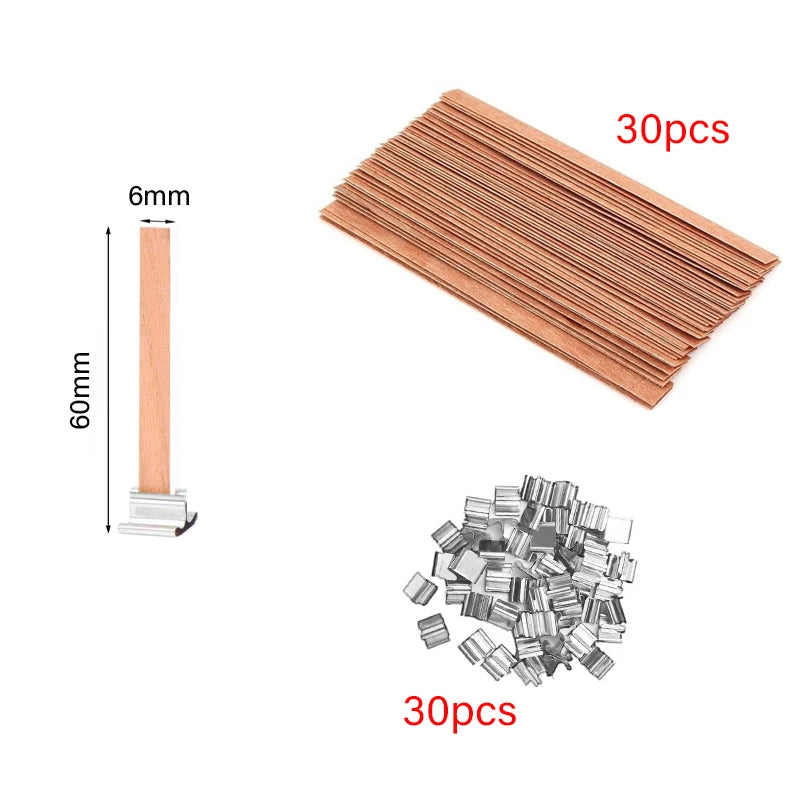Lot de 30/50 Mèches en Bois avec Support Métallique – Mèches Sans Fumée pour Bougies DIY