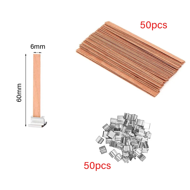 Lot de 30/50 Mèches en Bois avec Support Métallique – Mèches Sans Fumée pour Bougies DIY