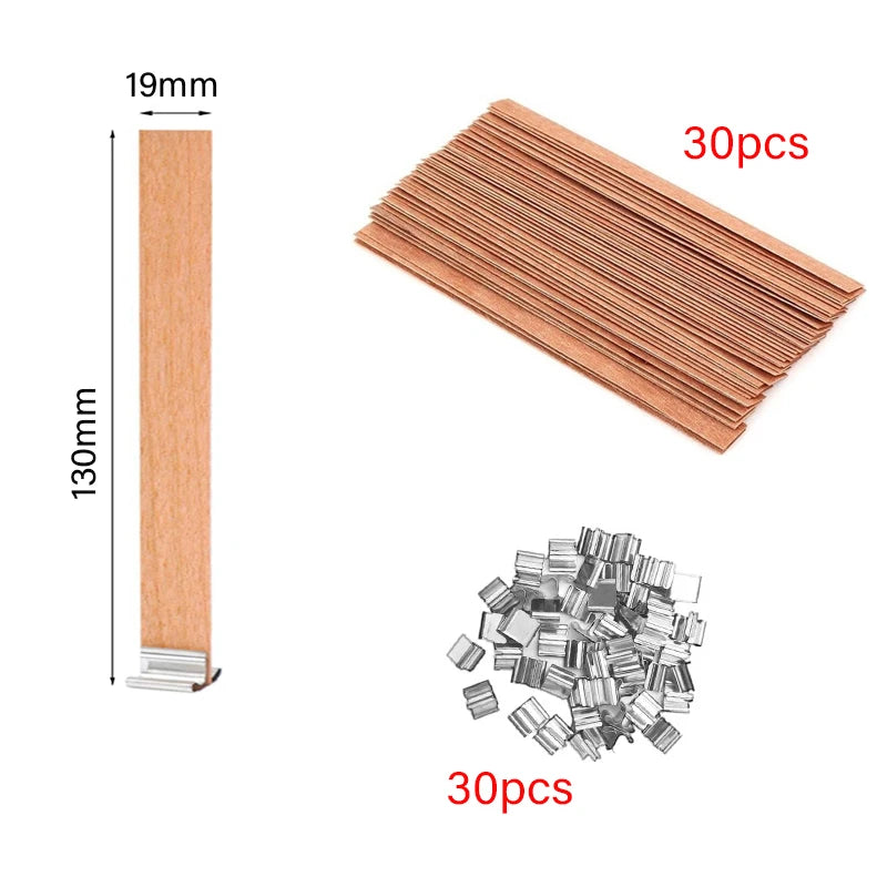 Lot de 30/50 Mèches en Bois avec Support Métallique – Mèches Sans Fumée pour Bougies DIY