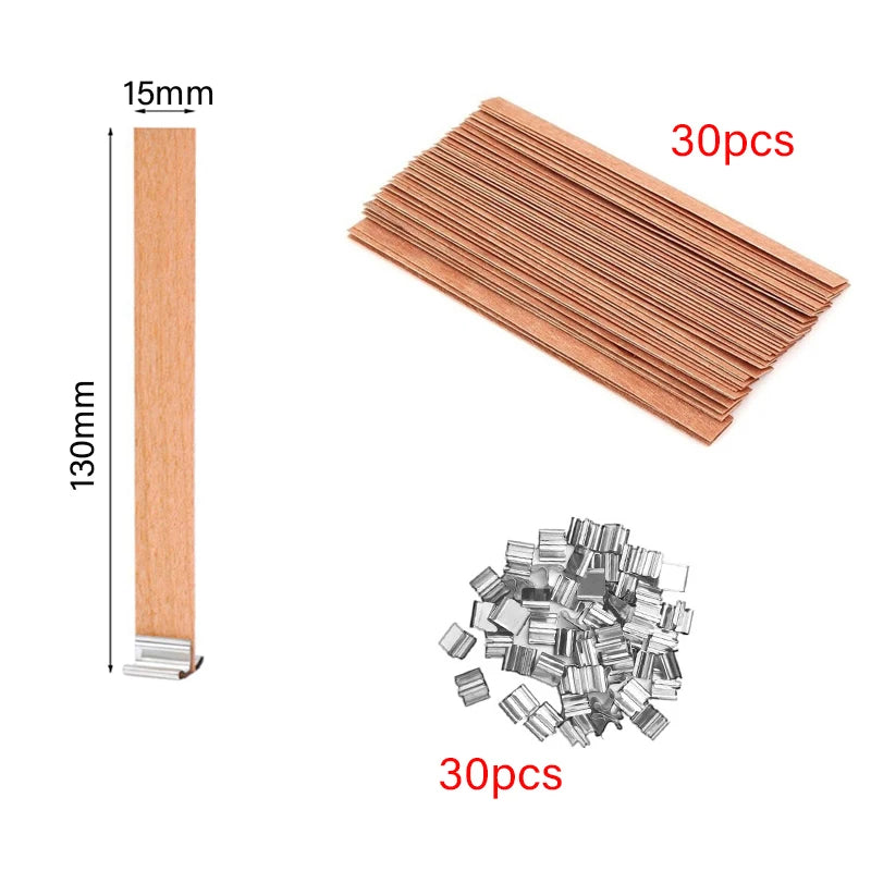 Lot de 30/50 Mèches en Bois avec Support Métallique – Mèches Sans Fumée pour Bougies DIY