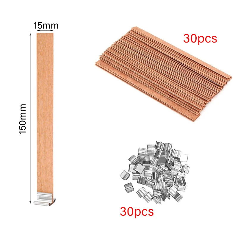 Lot de 30/50 Mèches en Bois avec Support Métallique – Mèches Sans Fumée pour Bougies DIY