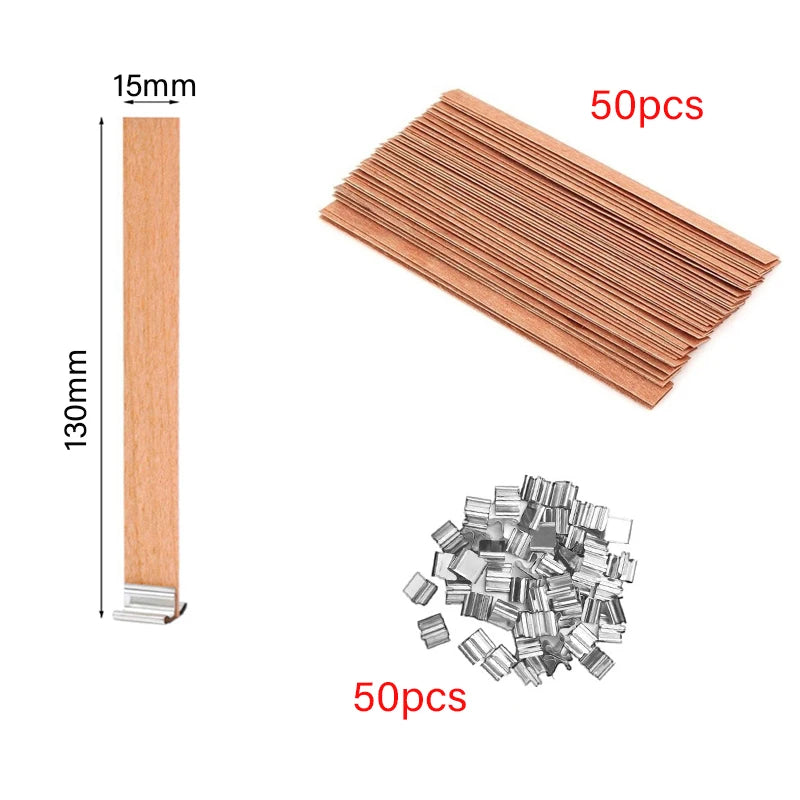 Lot de 30/50 Mèches en Bois avec Support Métallique – Mèches Sans Fumée pour Bougies DIY