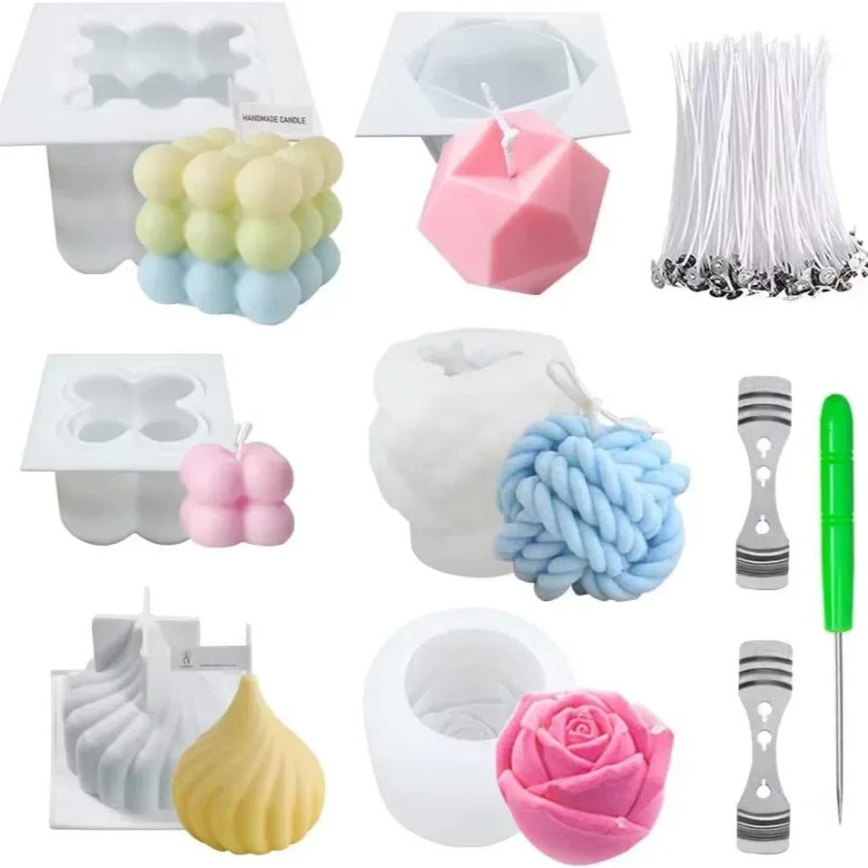 Kit 6 Moules Bougie DIY – Fleurs & Cubes en Silicone