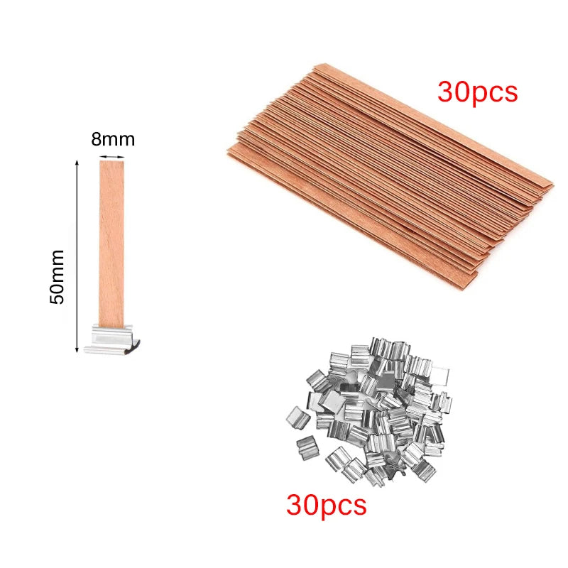 Lot de 30/50 Mèches en Bois avec Support Métallique – Mèches Sans Fumée pour Bougies DIY